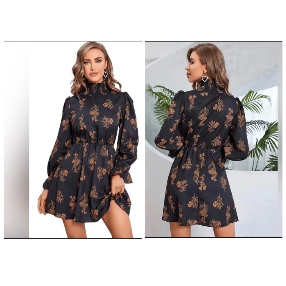 Floerns Whimsigoth Floral Mini Dress SM Black Orange Smocked Mock Neck LS